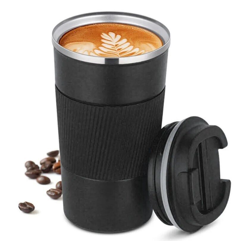 Insulated Travel Coffee Mug - 510ml Black Stainless Steel Flask