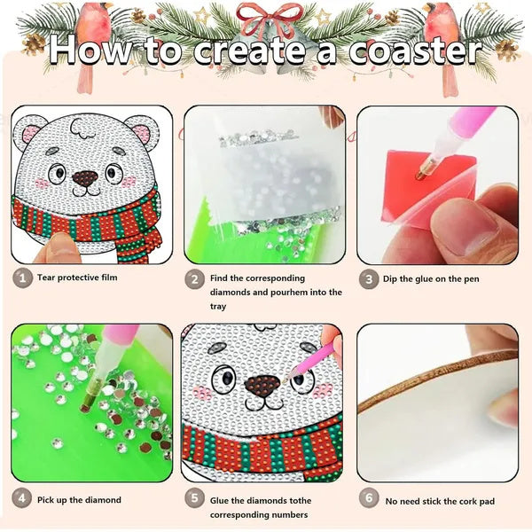 6 Packs Christmas Rhinestone Art Coasters with Holder - 5D DIY Set