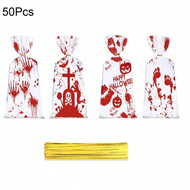 Halloween Cellophane Candy Bags - 50 Pack with Gold Twist Ties