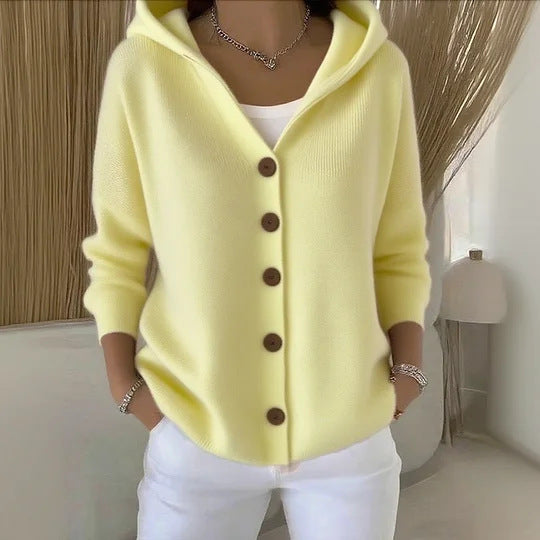Buttoned Knitted Hooded Sweater - Cozy Women's Cardigan with Hood
