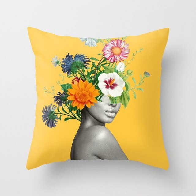 Abstract Print Flower Lady Cushion Cover - Artistic Pillow Cases for Modern Home Decor