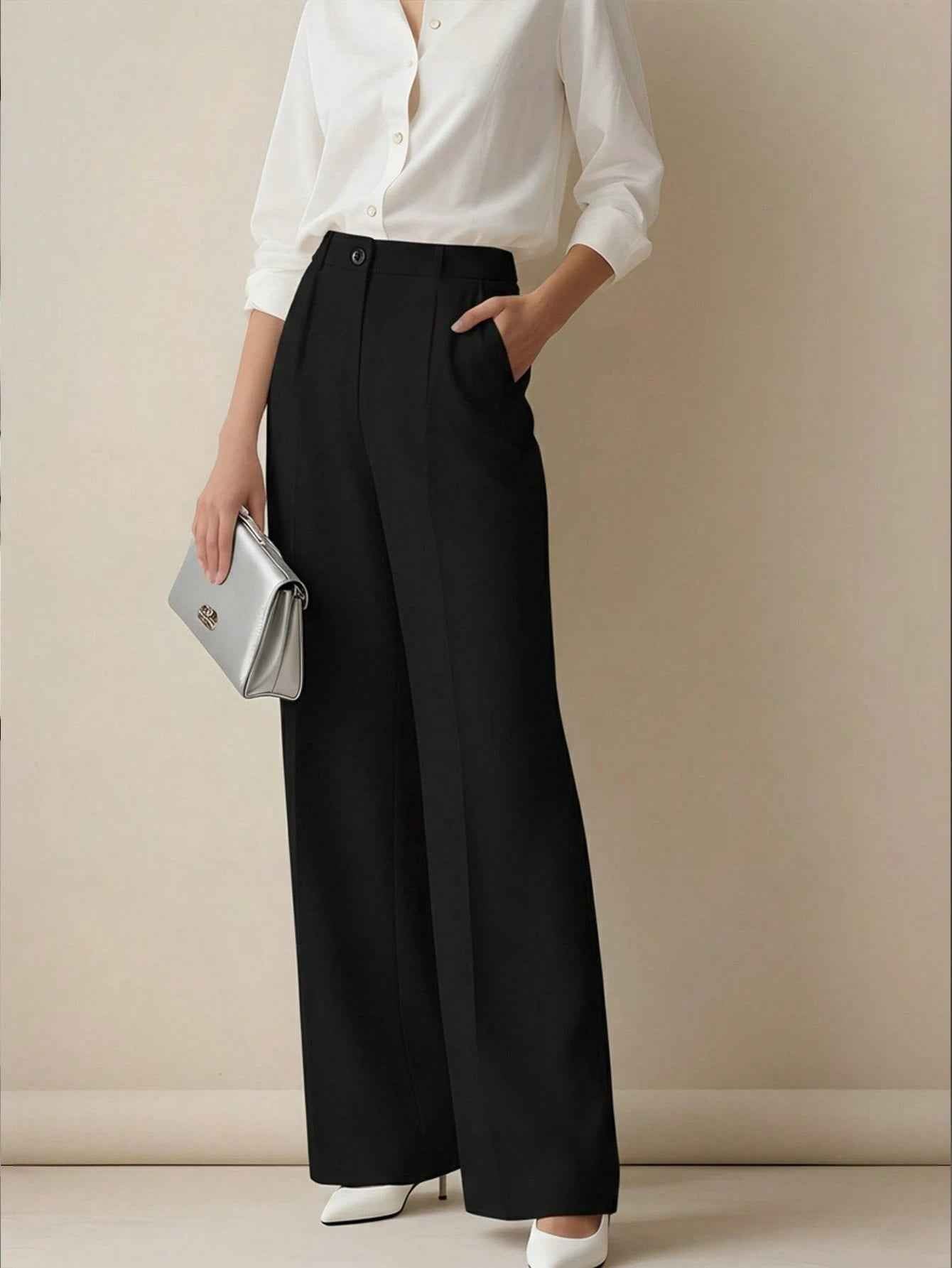 White High-waisted Loose Straight-leg Casual Pants