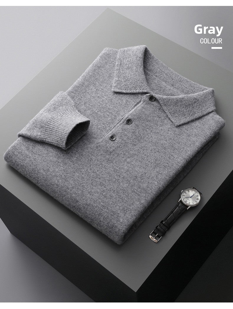 Premium Men's Pure Wool Polo Collar Knit Sweater - Luxury Comfort & Style