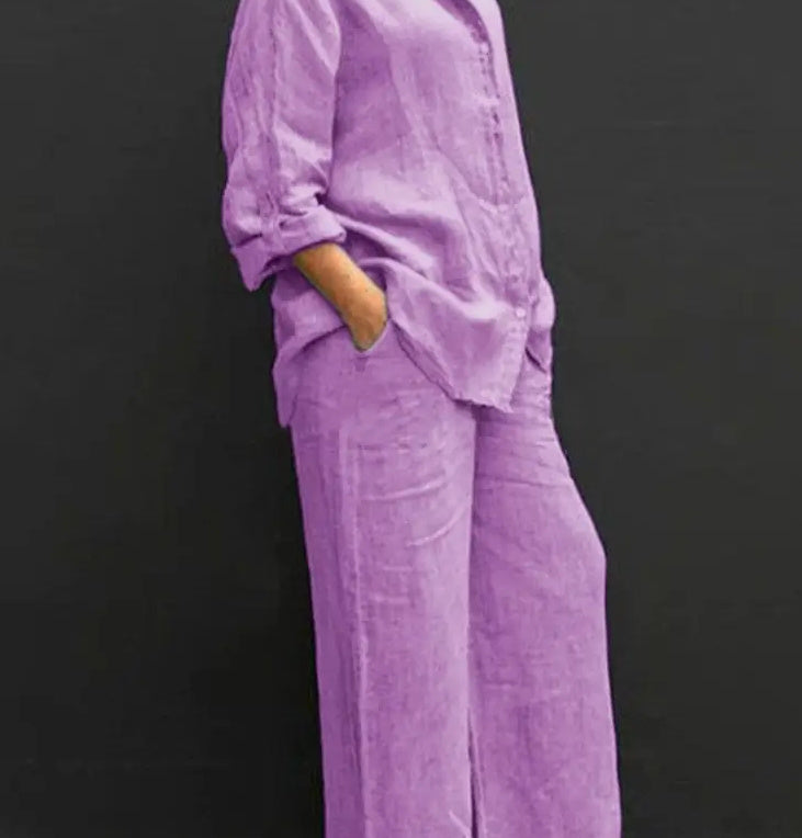 Women's Casual Urban Shirt Set - Long Sleeve Top and Trousers Outfit
