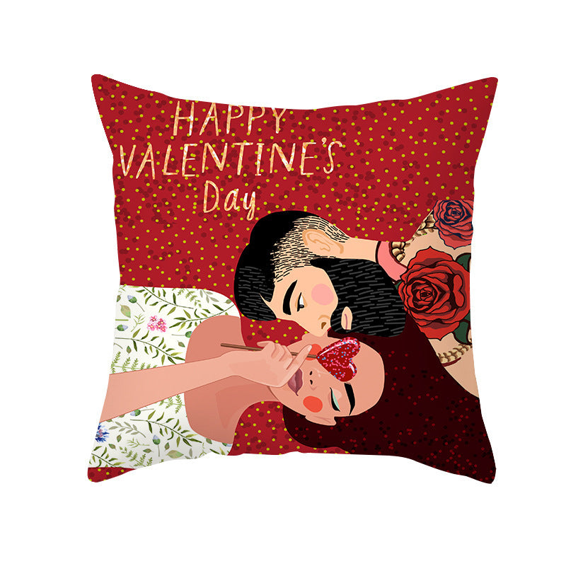 Valentine's Day Peach Skin Printed Cushion Cover - Romantic Living Room Bedroom Decoration