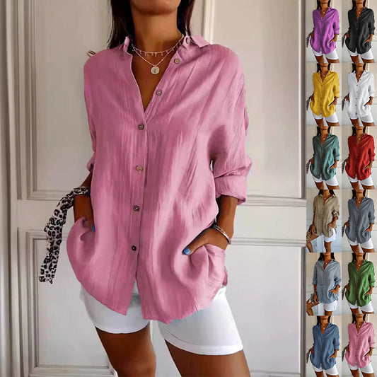 Women's Lapel Long Sleeve Shirt - Single-Breasted Pleated Button-Up