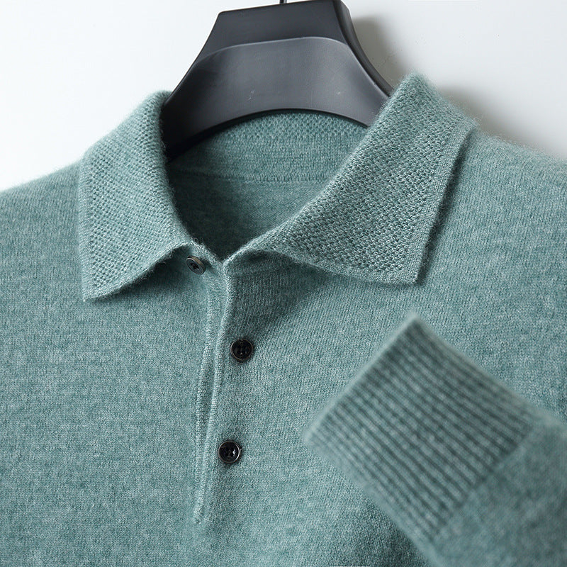 Premium Men's Pure Wool Polo Collar Knit Sweater - Luxury Comfort & Style
