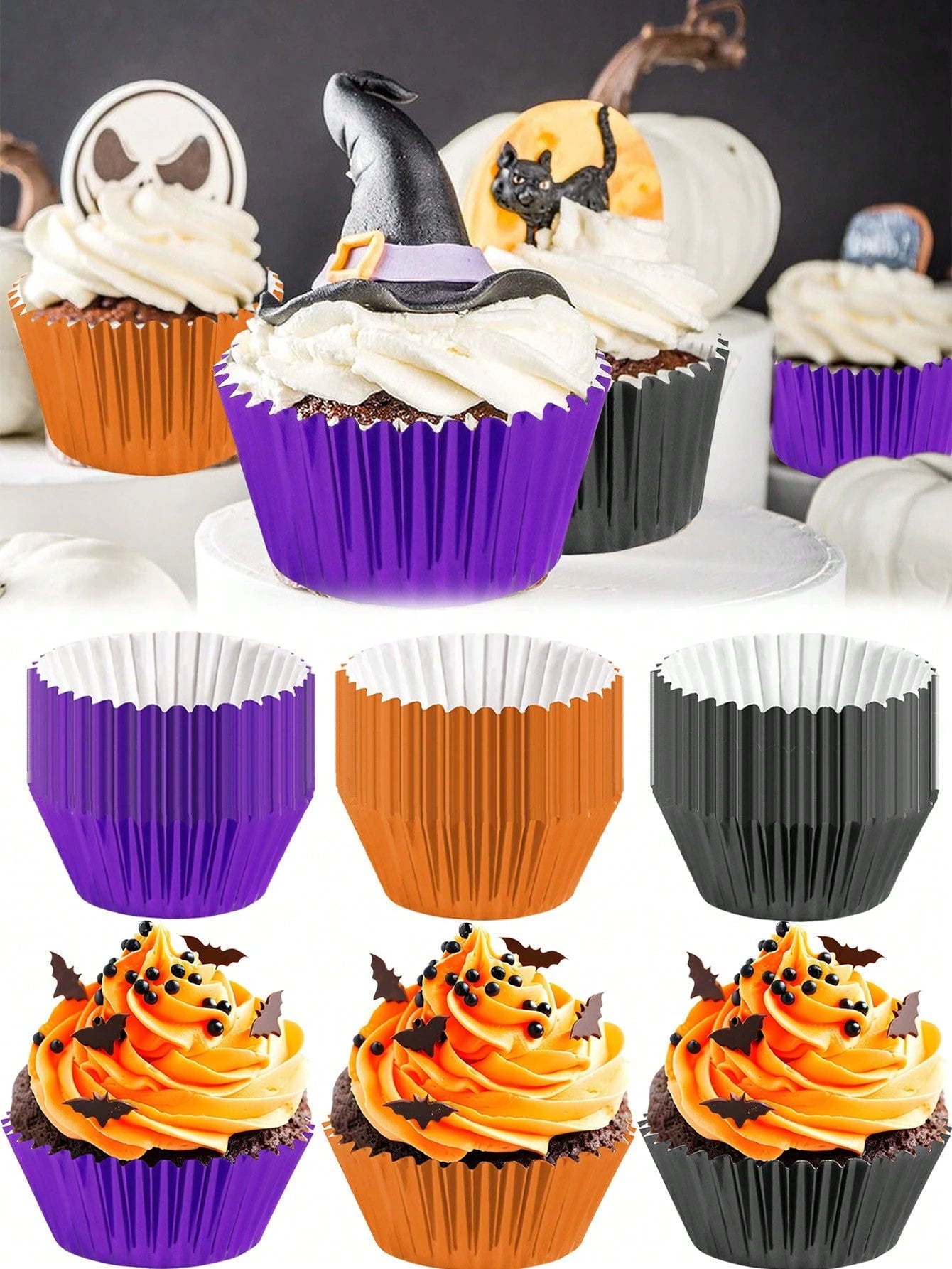 Halloween Foil Cupcake Liners - 300 Pcs Black Purple Orange Metallic