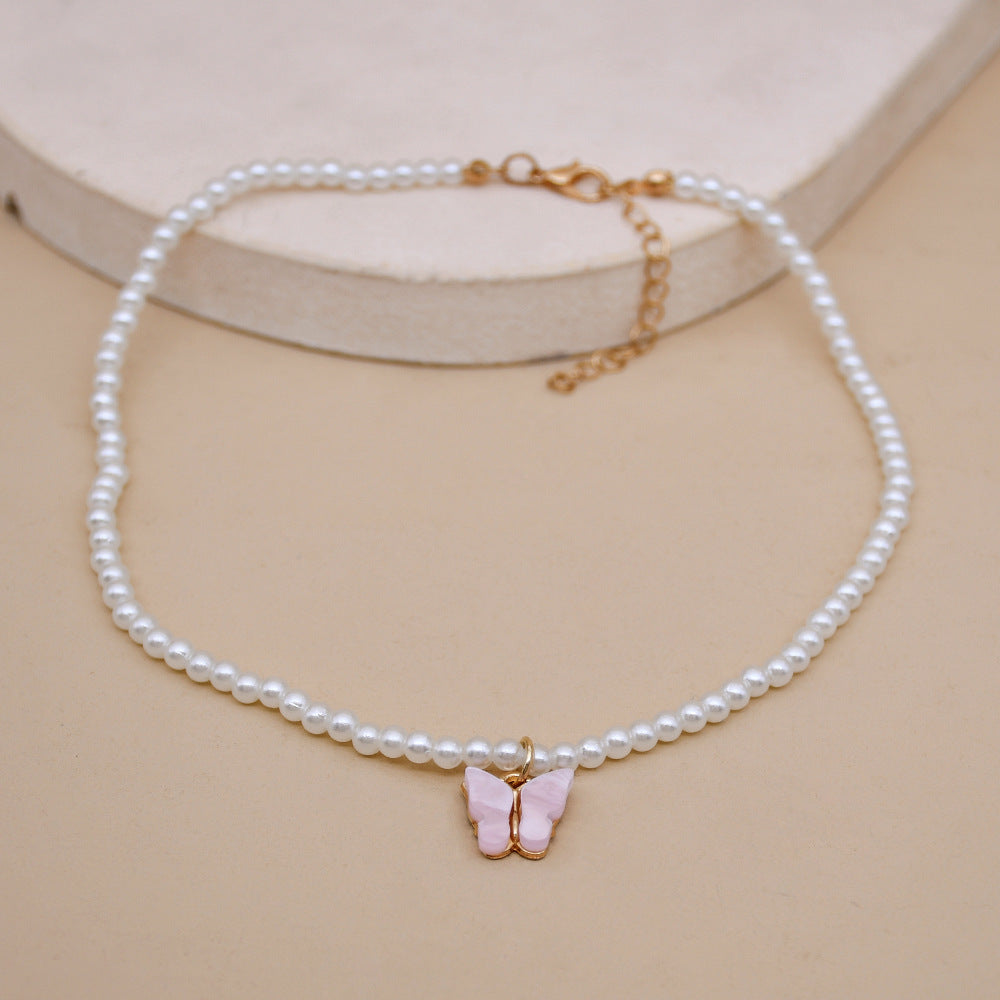 Elegant White Pearl Choker Necklace - Small Round Pearl Wedding Butterfly Necklace