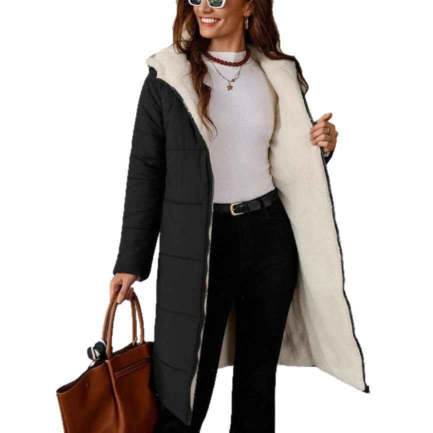 Solid Color Hooded Long Zip-up Cotton Coat