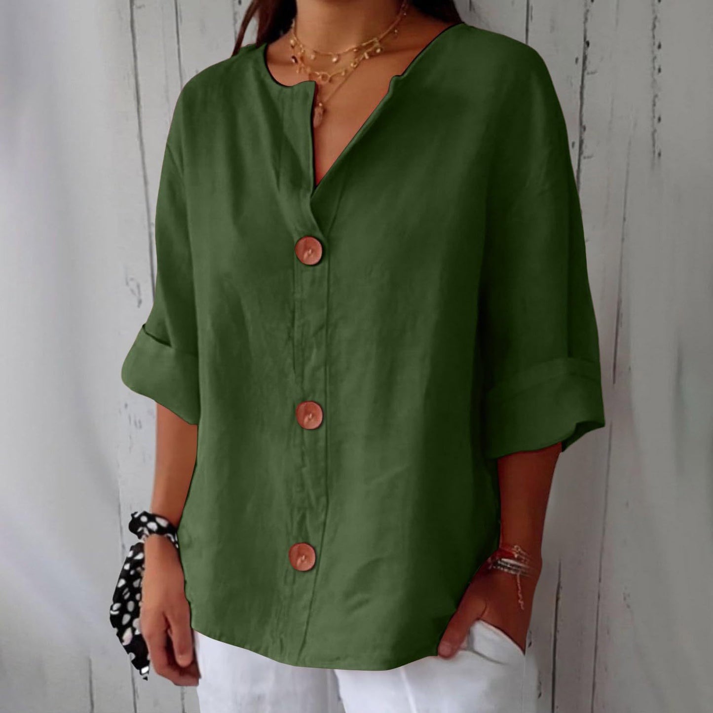 Loose V-Neck Cotton and Linen Button Top - Women's Casual Comfort Style