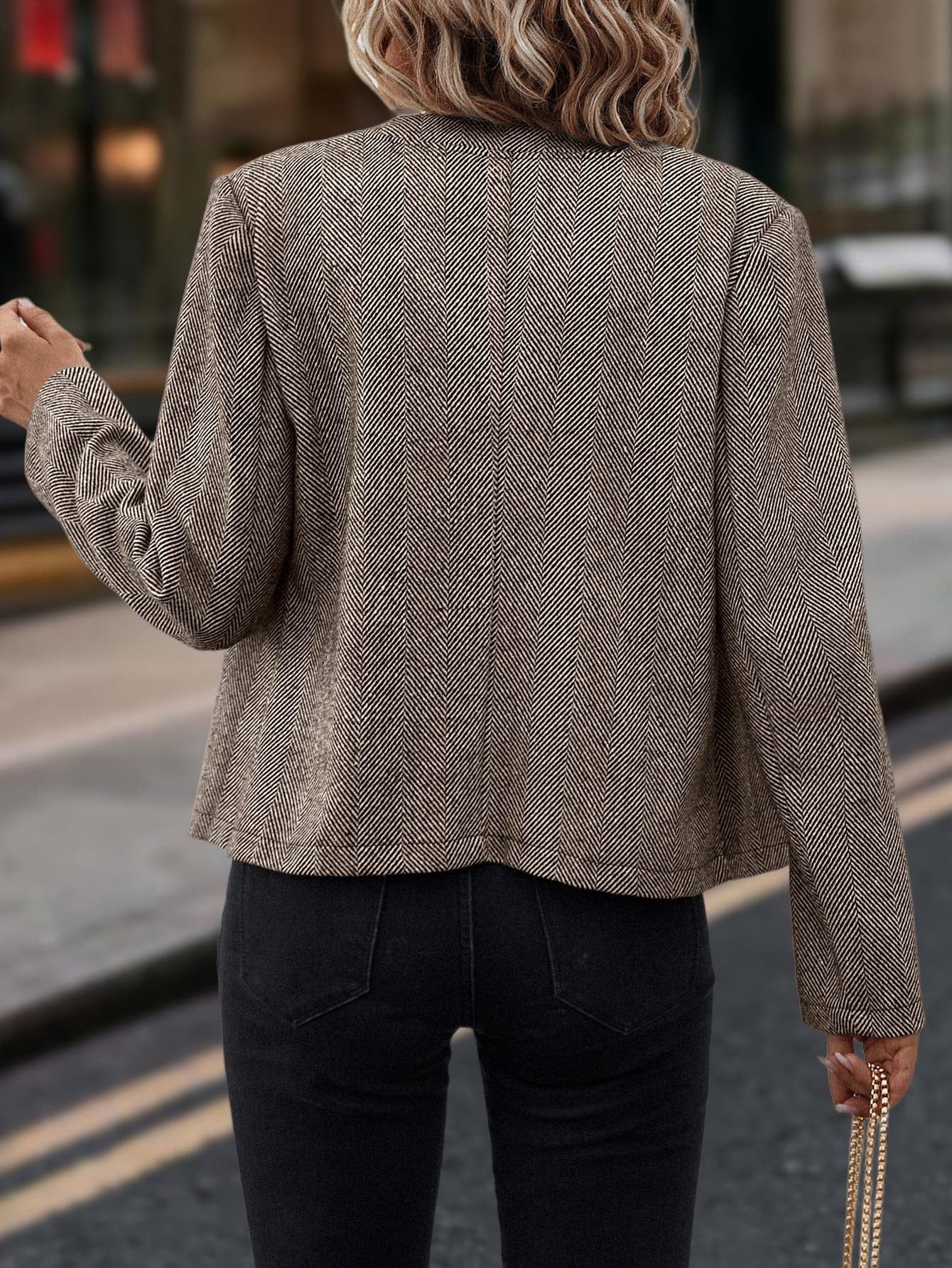 Women's Herringbone Coat - Spring Autumn Commuting Fitted Jacket