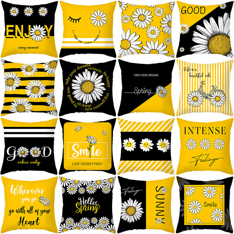 Modern Yellow Daisy Flower Cushion Cover - Creative Letter Print Pillow Case for Home