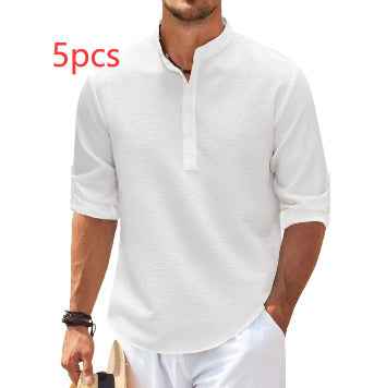 Men's Long Sleeve Stand Collar Shirt - Solid Color Casual Button-Up