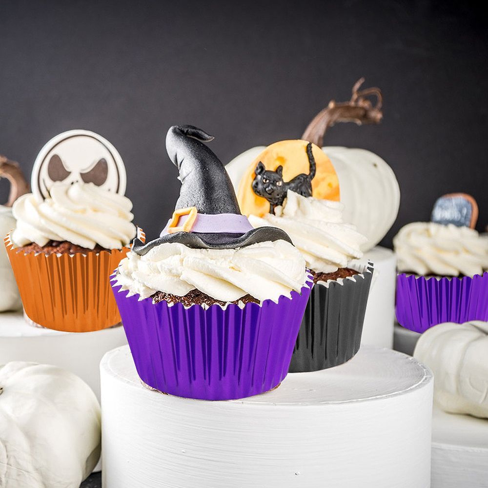 Halloween Foil Cupcake Liners - 300 Pcs Black Purple Orange Metallic