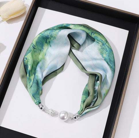 Magnetic Buckle Silk Scarf with Pearl Necklace - Women's Fashion Accessory