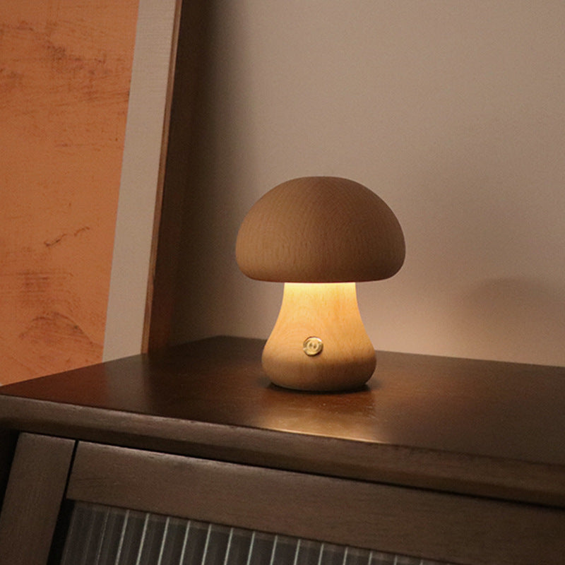 INS Wooden Cute Mushroom LED Night Light - Touch Switch Bedside Table Lamp for Bedroom