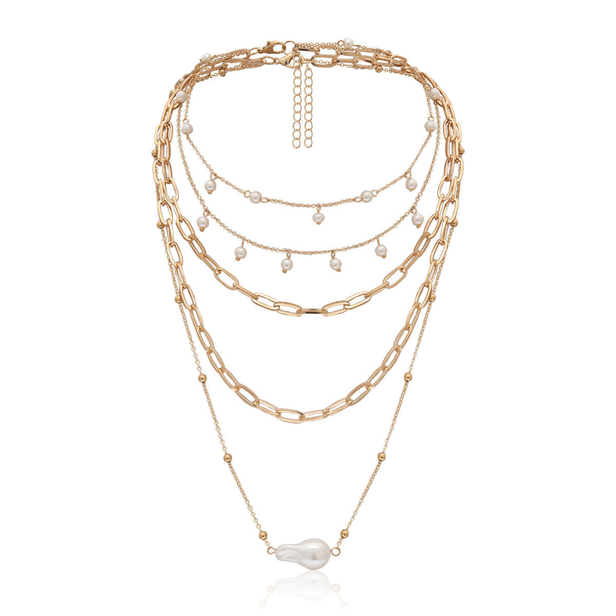 Multi-Layer Pearl Chain Necklace - Metal Chain Imitation Design