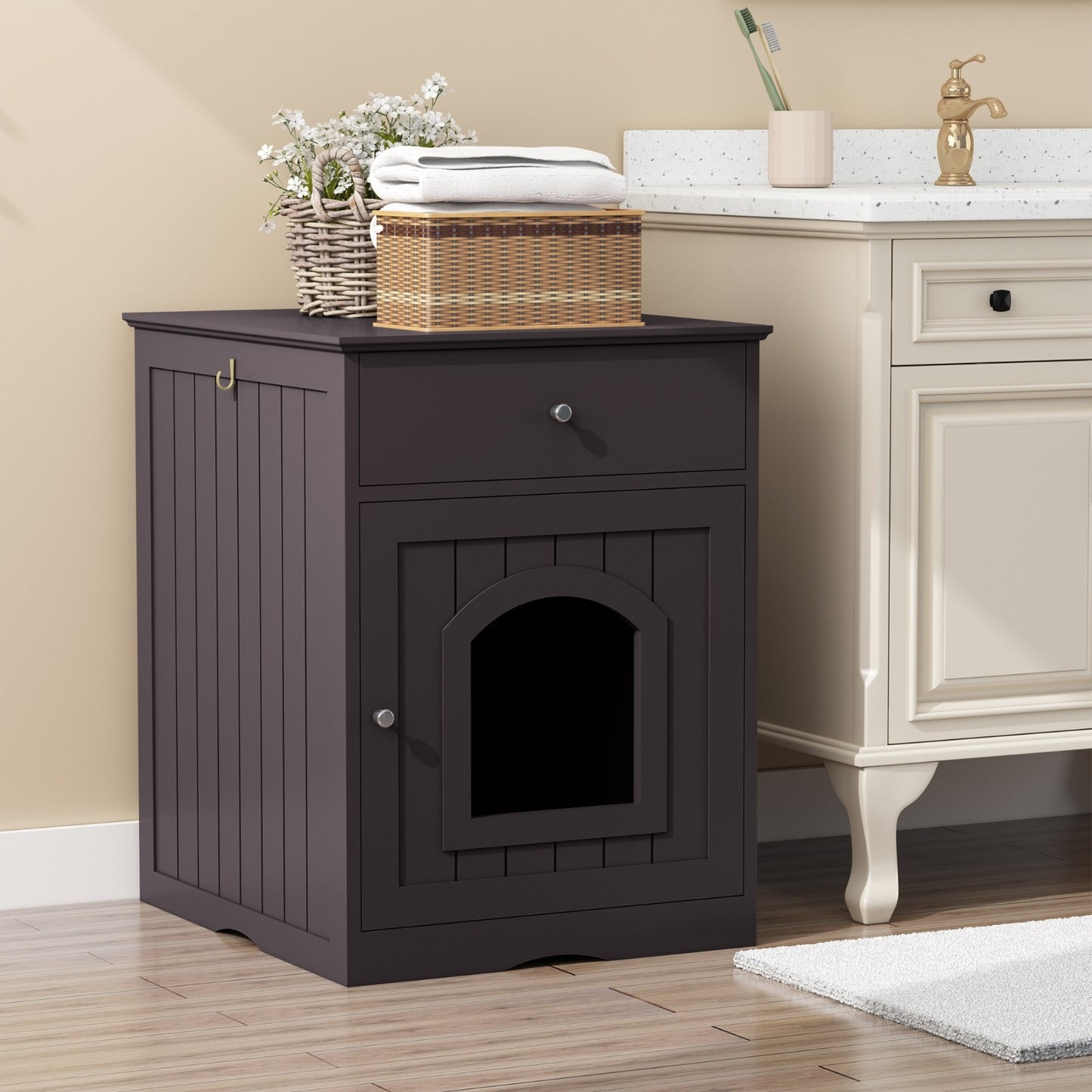 Wooden Pet House Cat Litter Box Enclosure With Drawer & Side Table