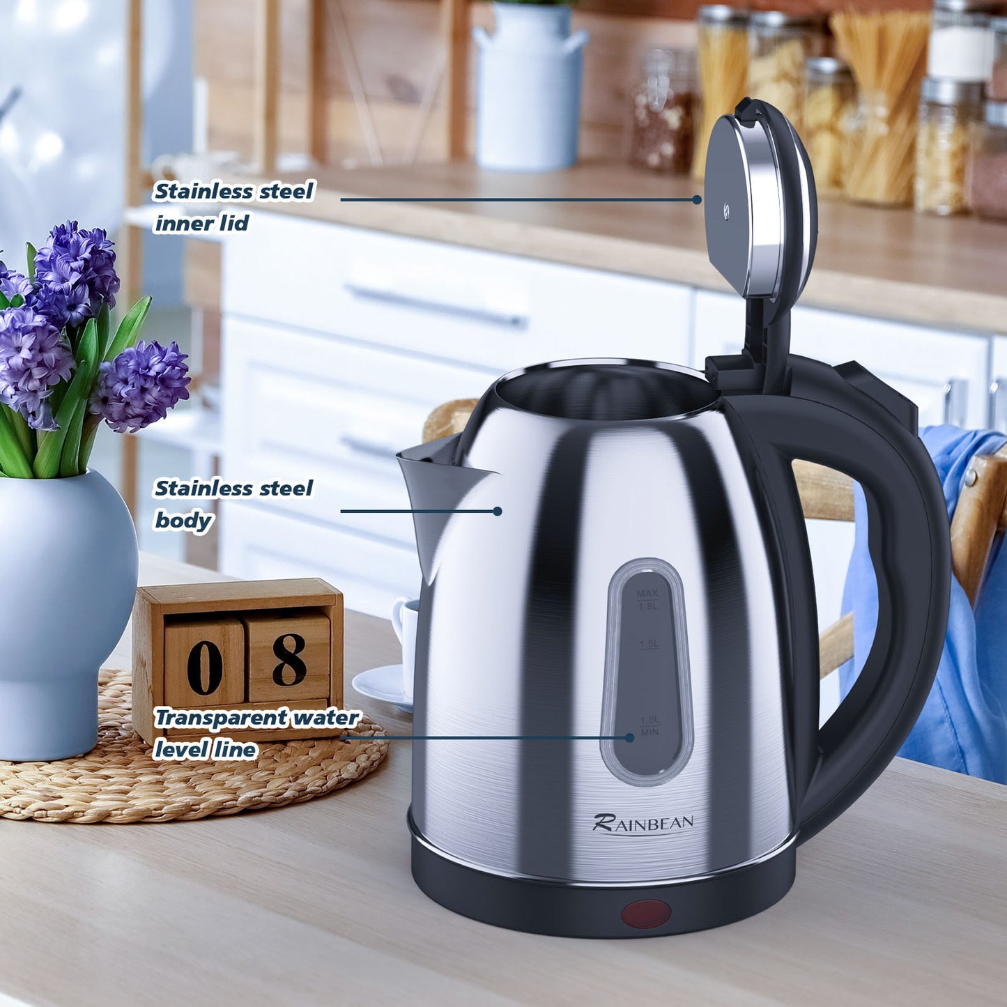 Electric Water Kettle - 1.8L Tea Coffee Boiler with Auto Shut-Off & Boil Dry Protection