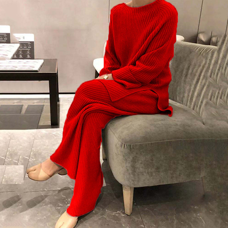 Women's Knit Casual Two-Piece Set - Knitted Sweater and Pants Outfit