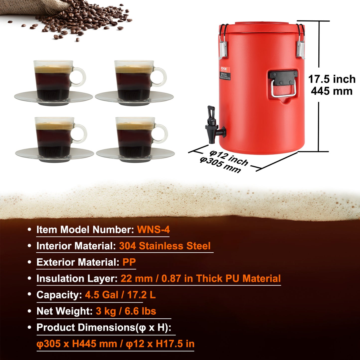VEVOR Beverage Dispenser - 4.5 Gallon Insulated Coffee & Tea Server with Spigot