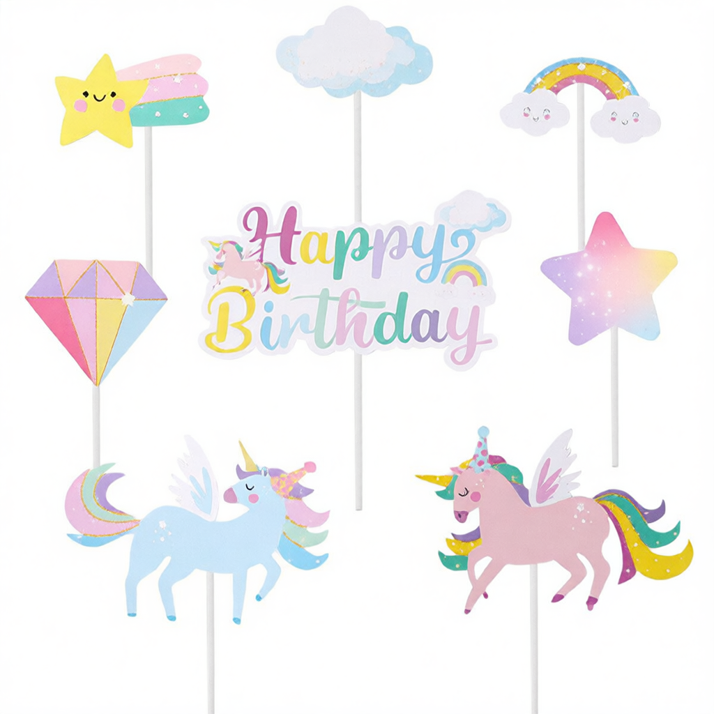 Cartoon Unicorn Cake Insertion Children's Decoration Birthday Theme Cake Card Insertion Party Supplies Rainbow Cake Flag Insertion