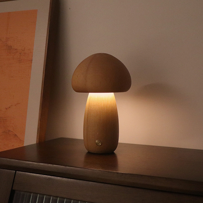 INS Wooden Cute Mushroom LED Night Light - Touch Switch Bedside Table Lamp for Bedroom