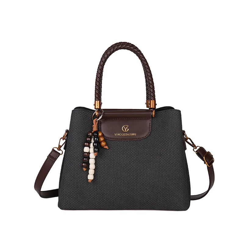Dark Khaki Faux Leather Tote, Braided Handle & Wood Beads