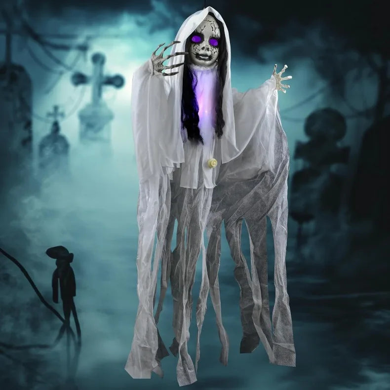43" Outdoor Halloween Decoration, Scary Girl Hanging Ghost Decor Sound Activated with Light-up Head for Yard, Patio, Haunted House Lawn Garden,Halloween voice control glowing sound standing swaying ghost