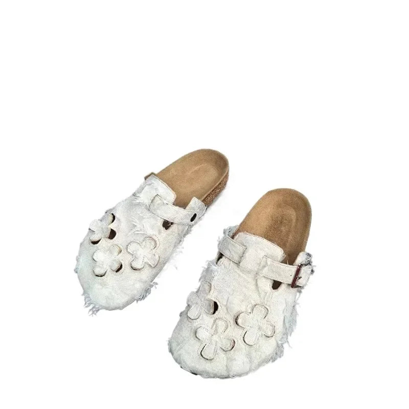 Women's Shoes 2025 New Summer Hollow Out Flower Slippers Retro Closed Toe Cork Platform Casual Clogs Shoes Women's Slippers