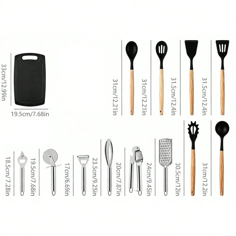 14-Piece Pink Silicone Kitchen Utensils Set with Wooden Handle, Cutting Board and Holder Rack