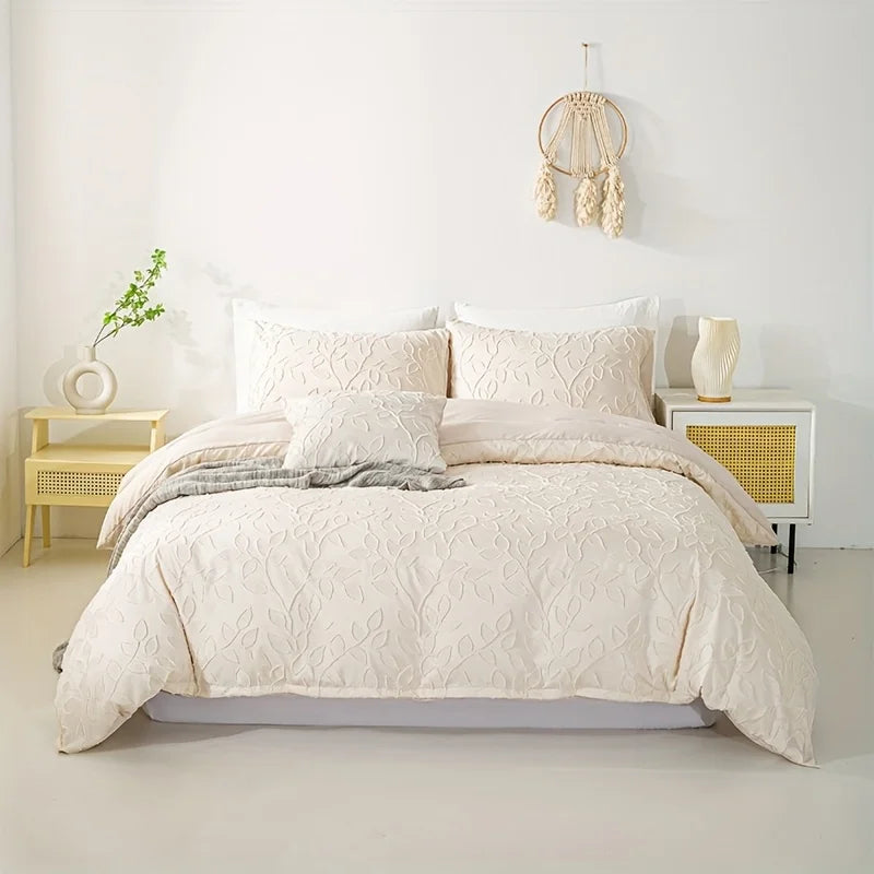 Tufted Leaf Duvet Cover Set, 3-Piece, Bohemian Cream