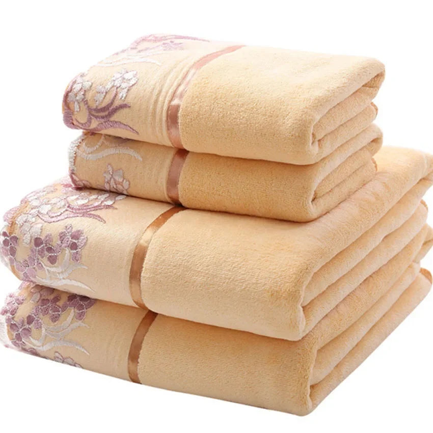 Lace Embroidered Bath Towel Set Microfiber for Adults Colourful Tree