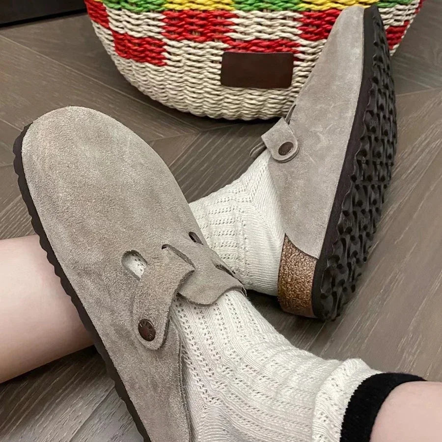 Leather Slippers Women Summer Luxury Sandals Baotou Cork Bottom Half Slippers Outside Cow Suede Flat Slippers Womens Shoes