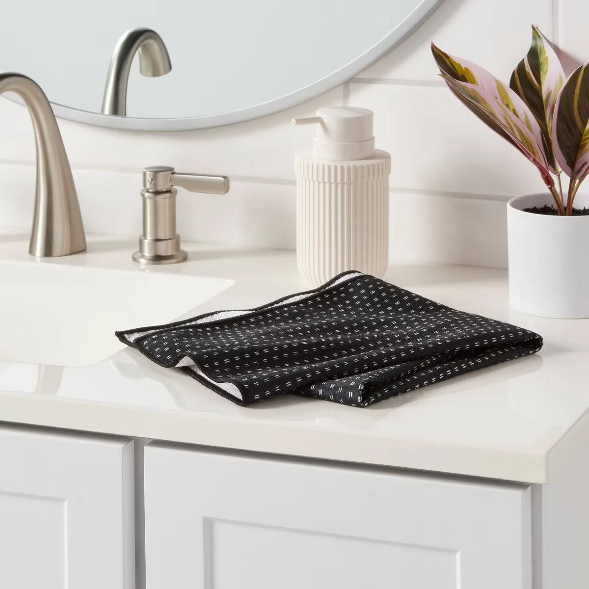 1PC Black Quick Dry Waffle Hand Towel Dotted Striped Design Absorbent - Kitchen Towel