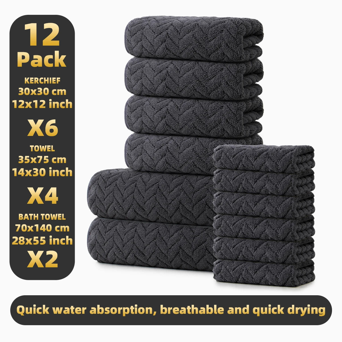 12-Piece Towel Set, 2 Bath Towels + 4 Hand Towels + 6 Face Towels, Soft