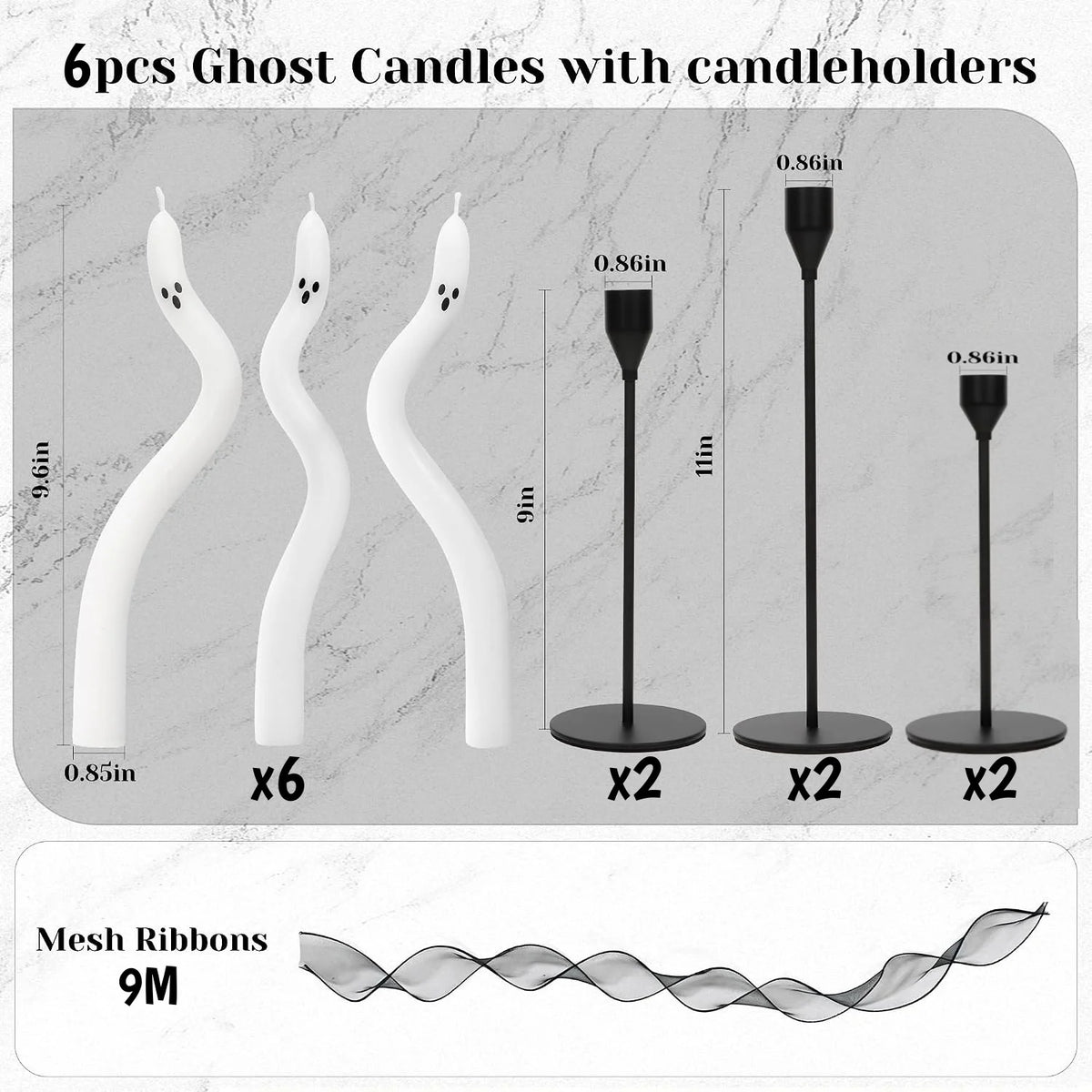 3-6Pcs Twisting Ghost Candles with Candle Holders Ribbons Candlestick Holders Halloween centerpieces Party Table Fireplace Decor