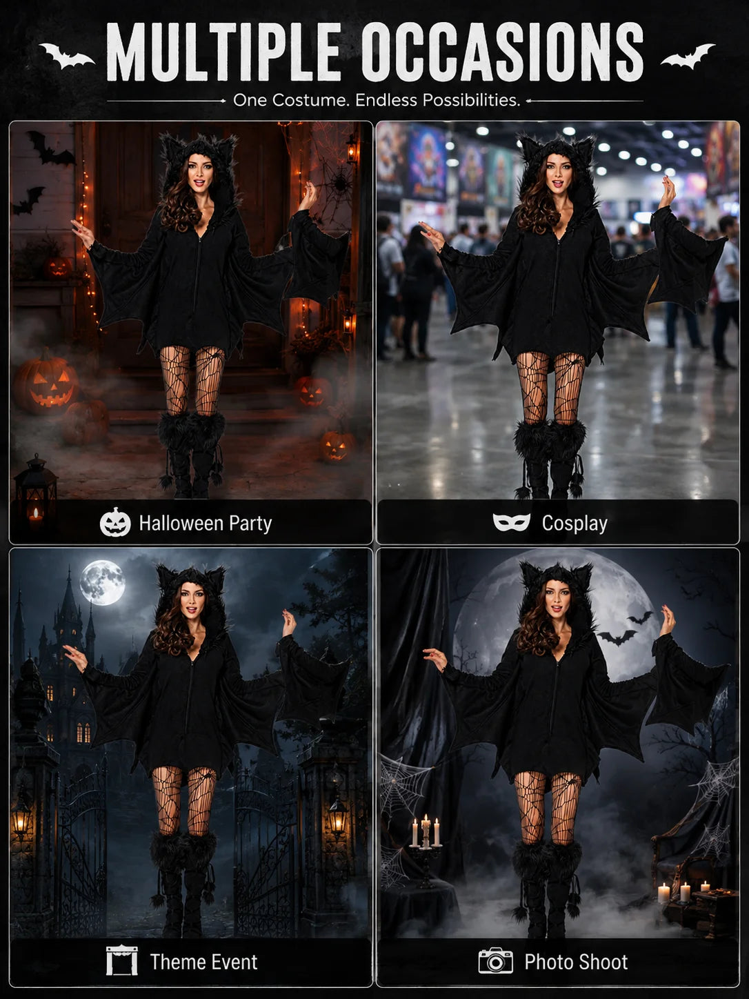 Women Cozy Bat Halloween Costume, Furry Cat Ear Hooded Zip‑Up Dress with Bat Wings, Vampire Animal Cosplay Outfit for Carnival Party