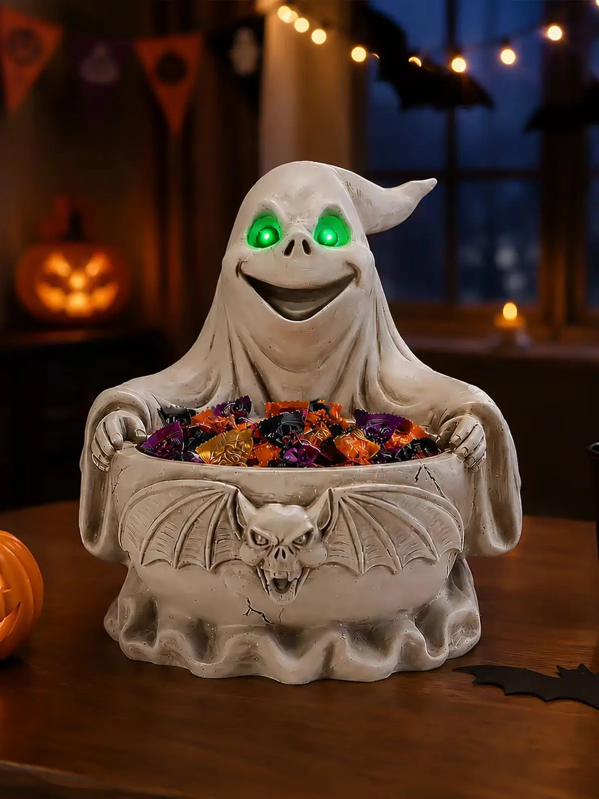 Halloween Ghost Candy Bowl with LED Glowing Green Eyes, Gothic Bat Resin Storage Dish, Spooky Tabletop Decor for Party Treats & Keys