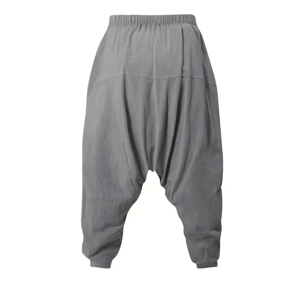 Men's Cotton Linen Harem Joggers — Drop Crotch Loose Fit Breathable Streetwear Pants