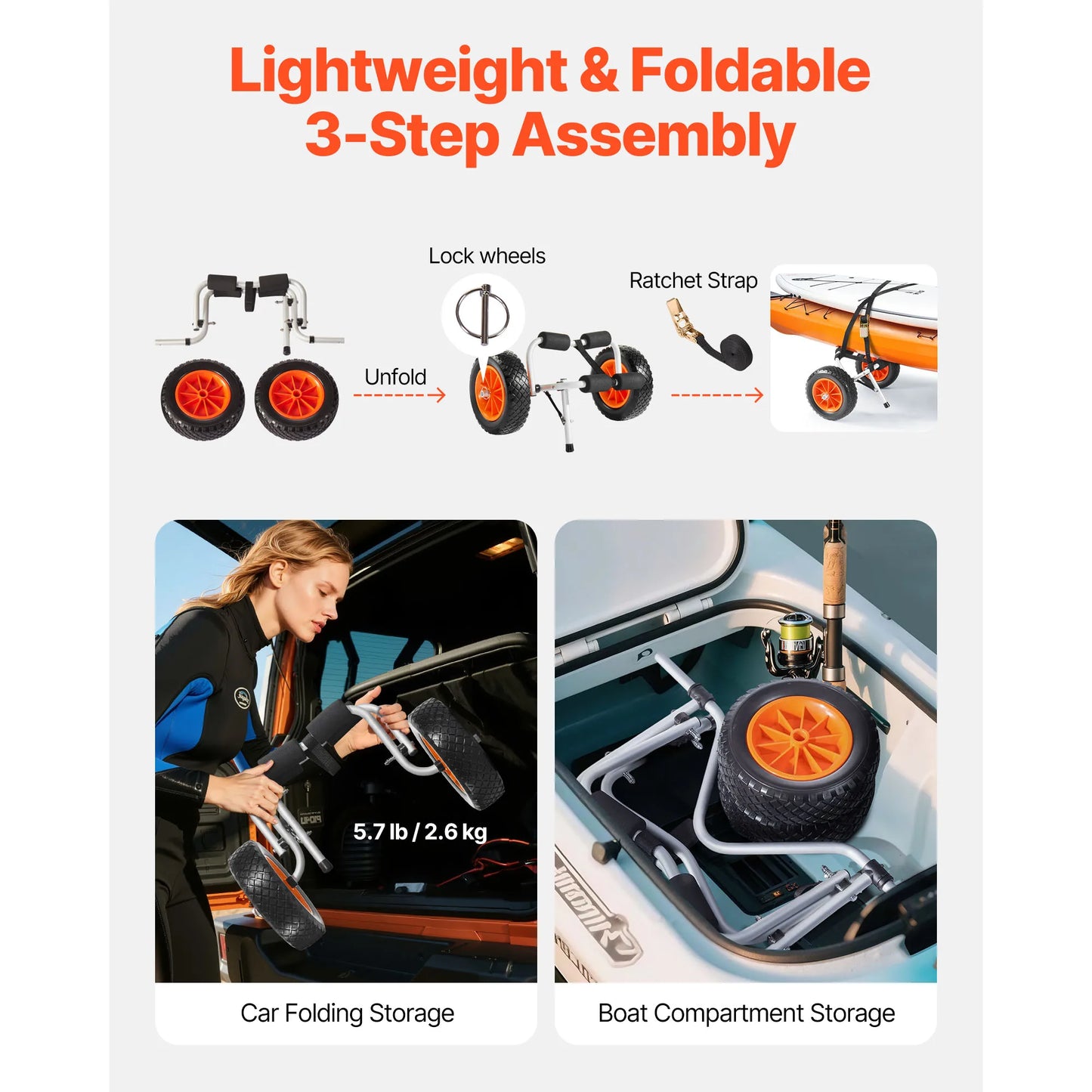 200 lbs Foldable Kayak Cart with 10in Solid Tires Paddle Board Trolley for Carrying Canoes Float Mats