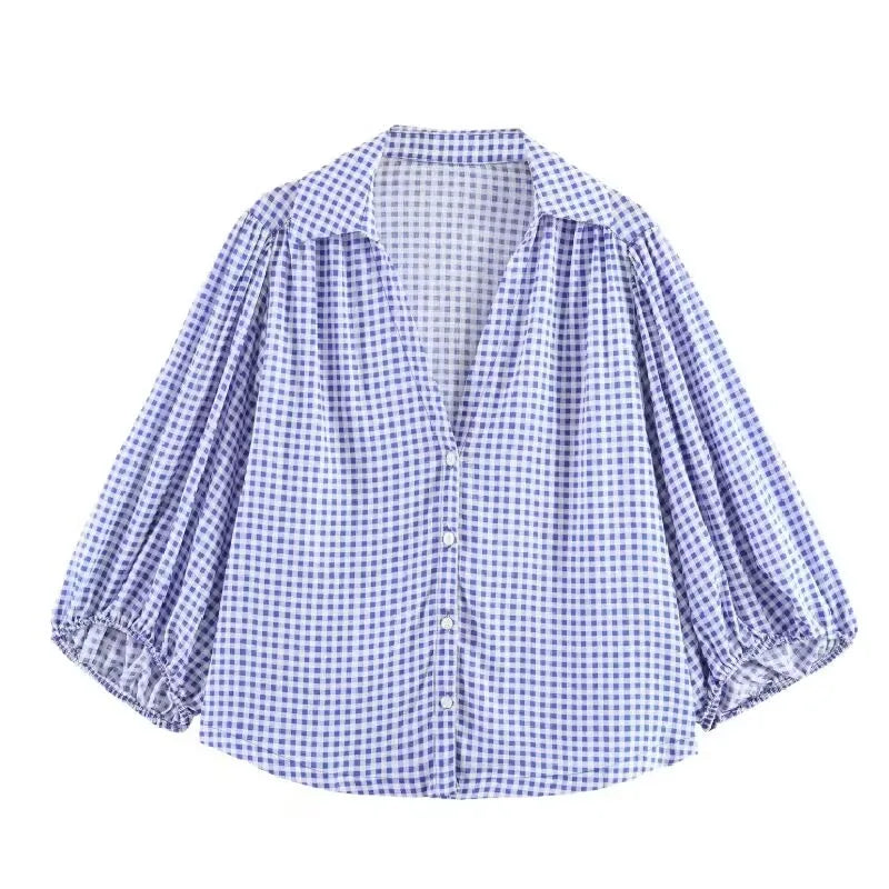 Women's Loose Fit Bubble Sleeve Blouse – Turn-Down Collar Casual Commute Summer Shirt