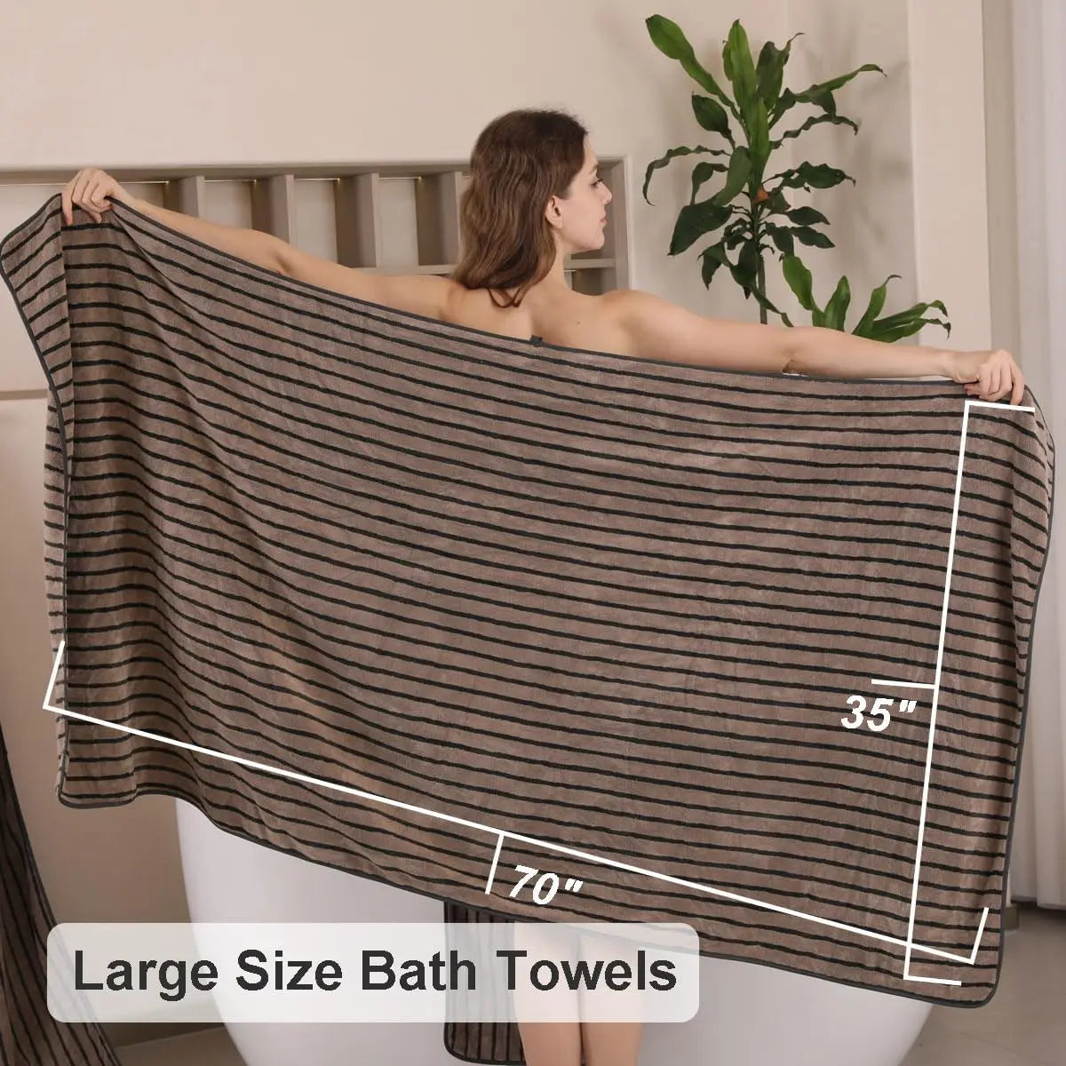 8 Pcs Polyester Brown Cabana Stripe Large Bath Towel Set-2 Bathroom