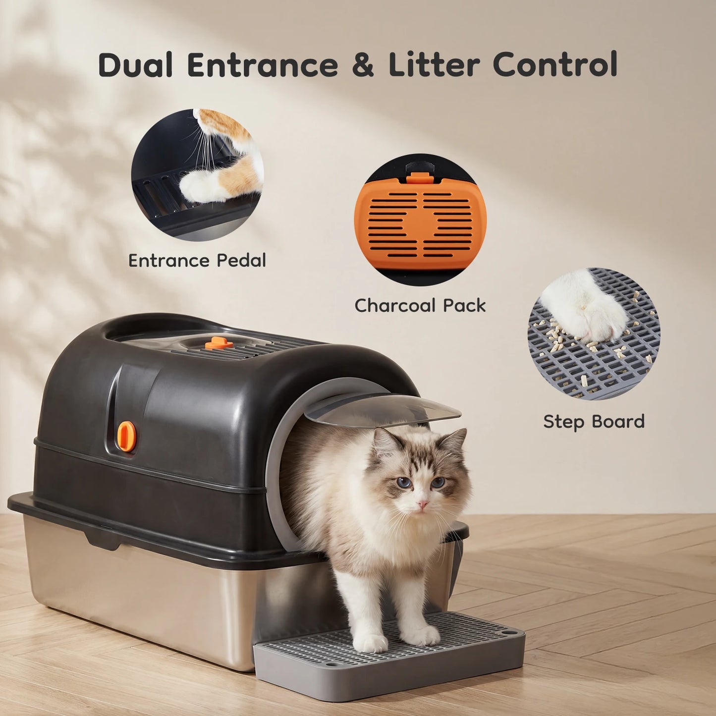 JHK 24" Stainless Steel Cat Litter Box — Fully Enclosed 30L Large Cat Box with Scoop & Mat