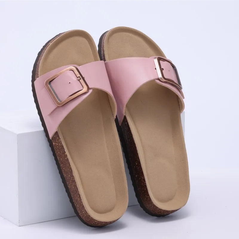 Crestar Women's Summer Cork Slippers 2025 – Leather Orthopedic Sandals with Adjustable Buckle