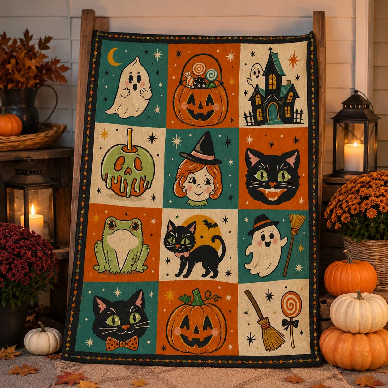 Retro 50s Halloween Sherpa Blanket, Vintage Midcentury Cute Ghost Fleece Throw, Kawaii Halloween Blanket Gift