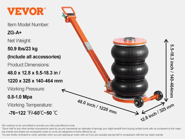 Air Jack 3/5 Ton Pneumatic Lifting Jack with Heightened Column Adjustable Handle Thick Rubber Pad for Sedan SUV Pickup