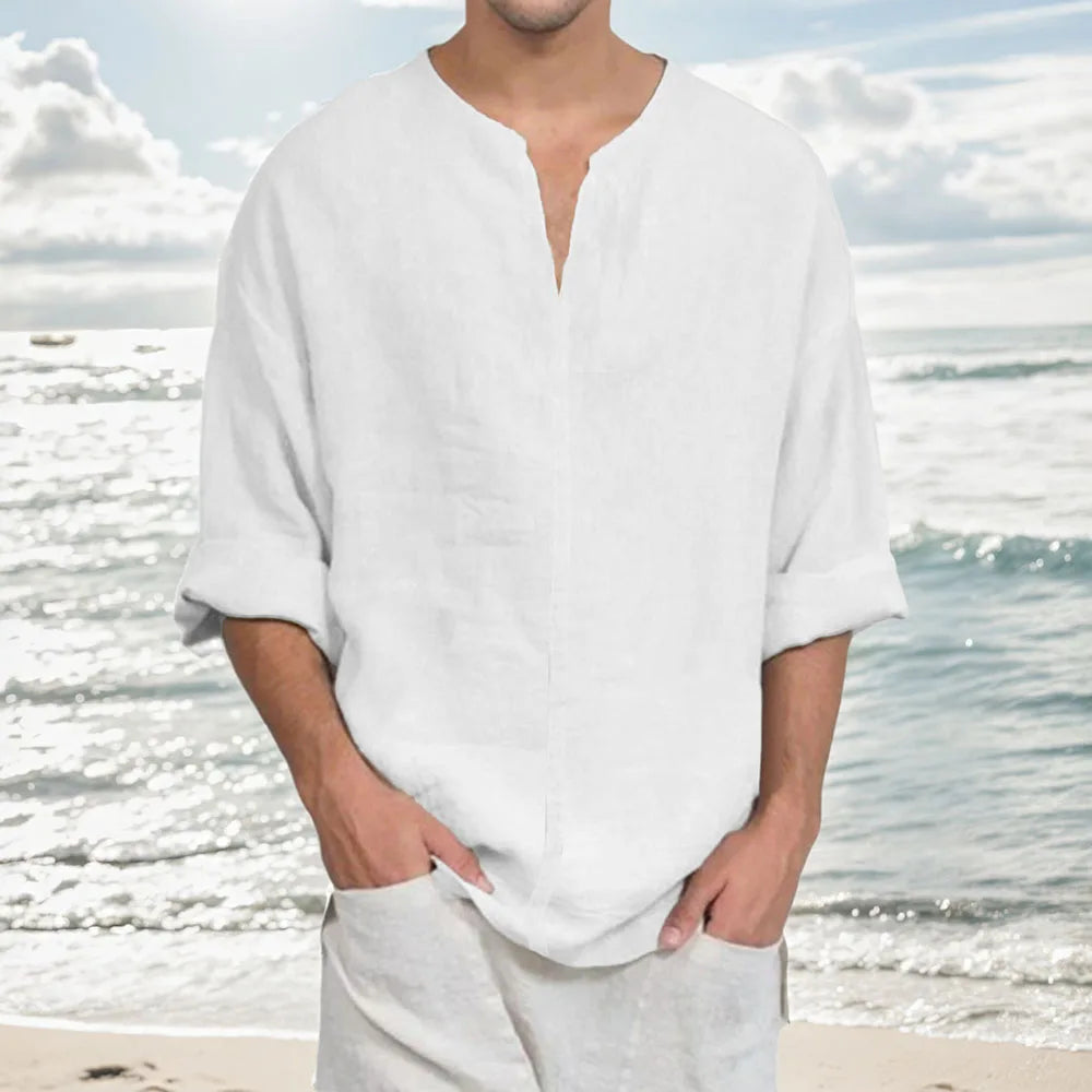 Men's Cotton Linen V-Neck Long Sleeve T-Shirt — Casual Solid Color Breathable Cozy Top