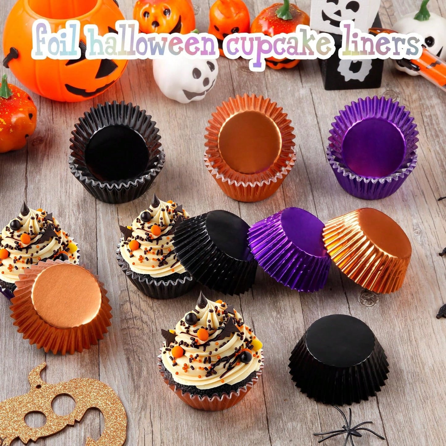 Halloween Foil Cupcake Liners - 300 Pcs Black Purple Orange Metallic